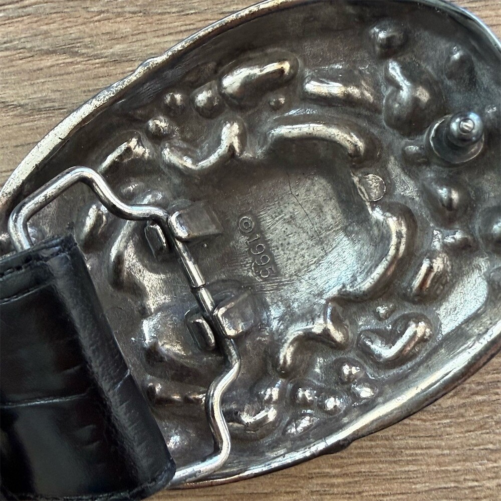 Brighton VTG 1995 Black Belt  Size M Black Croc Embossed Cherub Angel Buckle - Picture 4 of 11